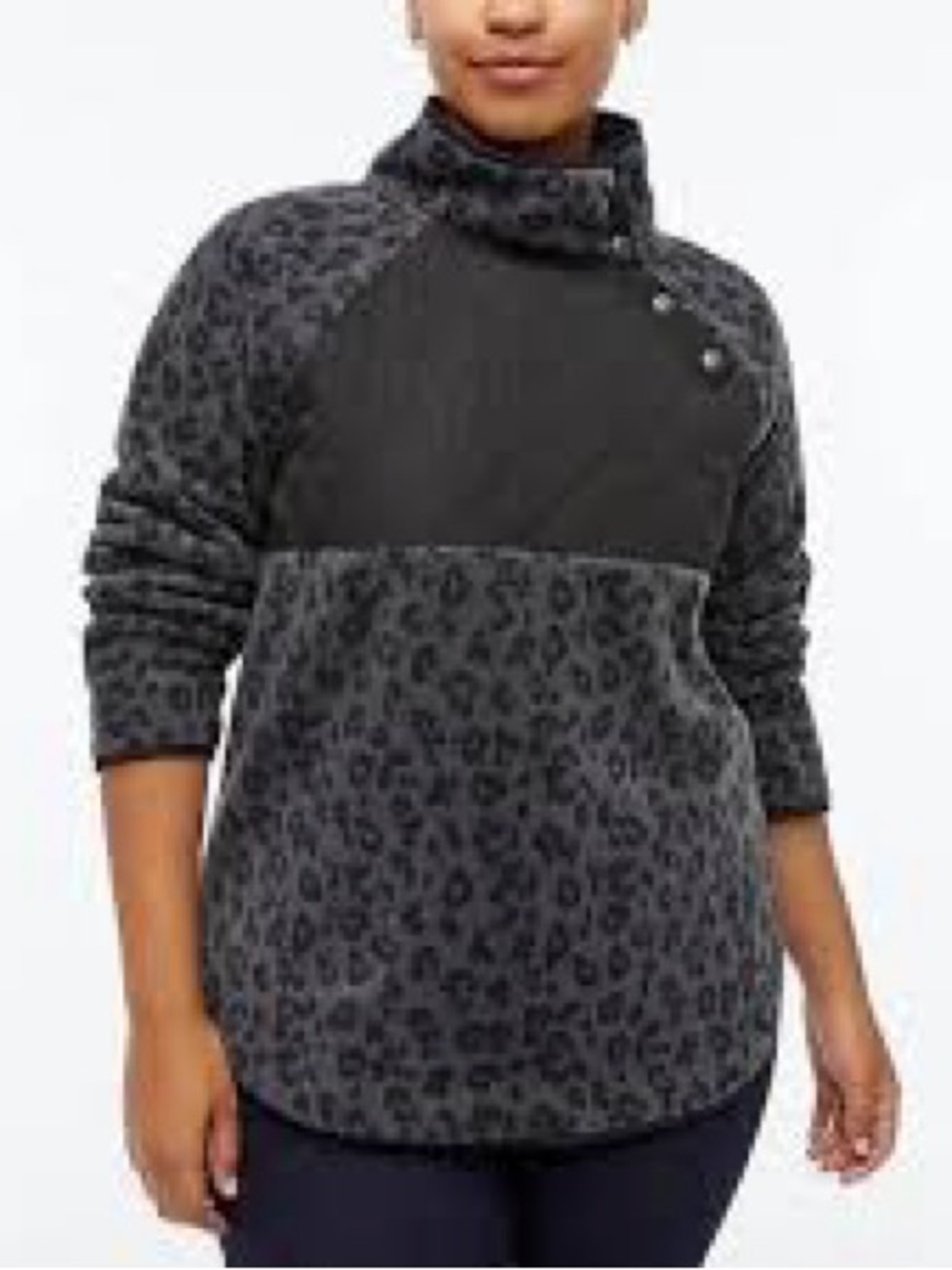 J. Crew Quilted Button Neck Sherpa Tunic Dark Gray Leopard -M
